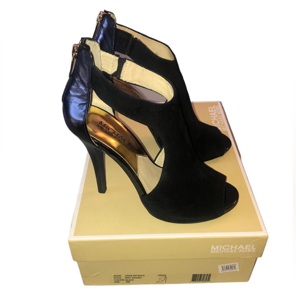 Michael Kors Josie Zip Back, Black Leather & Suede Heels Sz 7